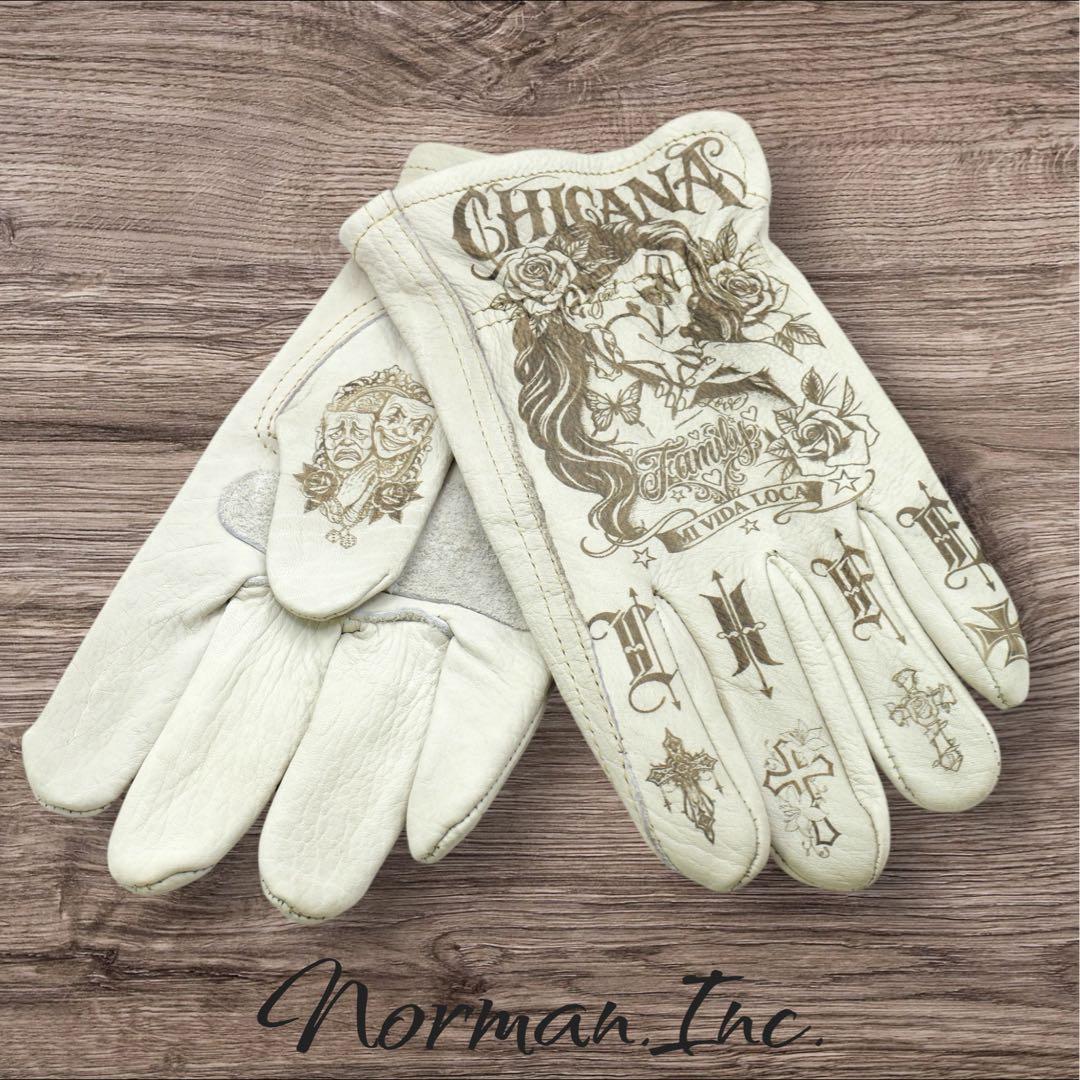 牛革　レザーグローブ　アメリカン　バイク　ハーレー　カスタム　手袋　白　M