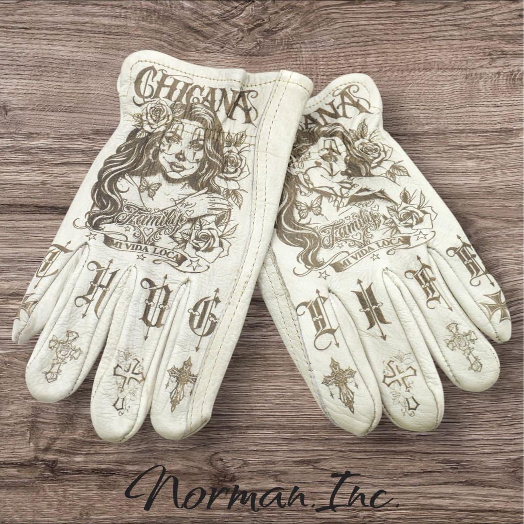 牛革　レザーグローブ　アメリカン　バイク　ハーレー　カスタム　手袋　白　M