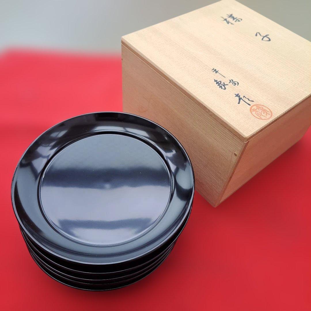 【京都平安　象彦　楪子×5客】天然木製　黒色　長期保管品