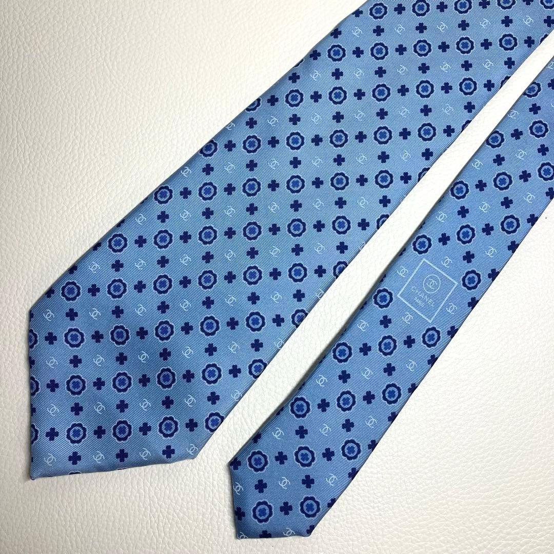 【極美品】CHANEL シャネル　ネクタイ　ライトブルー　ココマーク　サークル