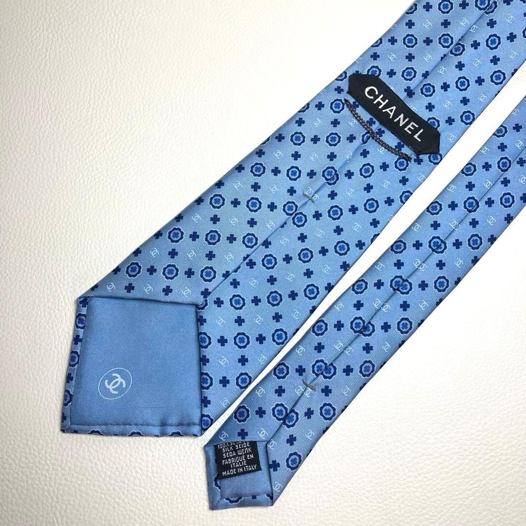 【極美品】CHANEL シャネル　ネクタイ　ライトブルー　ココマーク　サークル