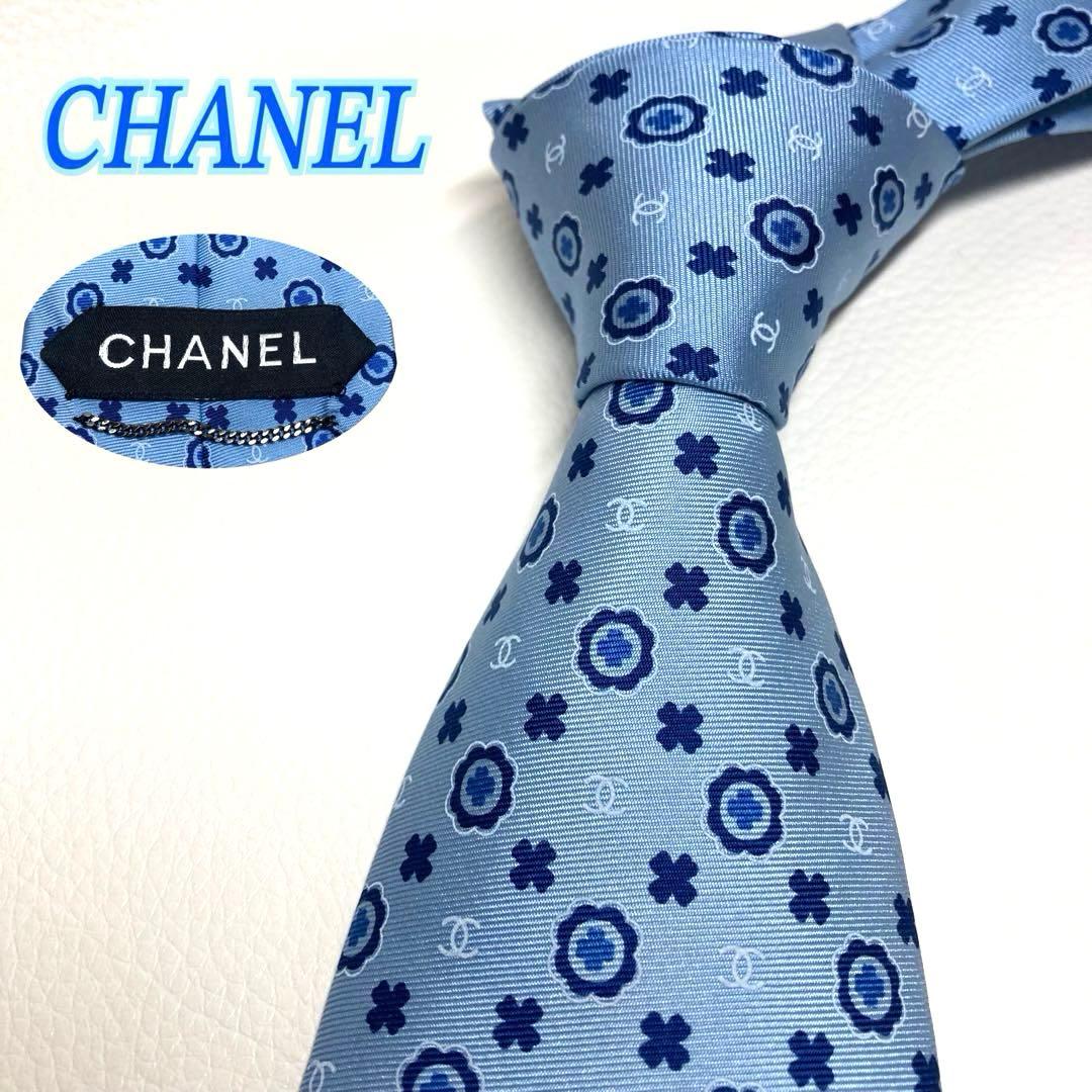 【極美品】CHANEL シャネル　ネクタイ　ライトブルー　ココマーク　サークル