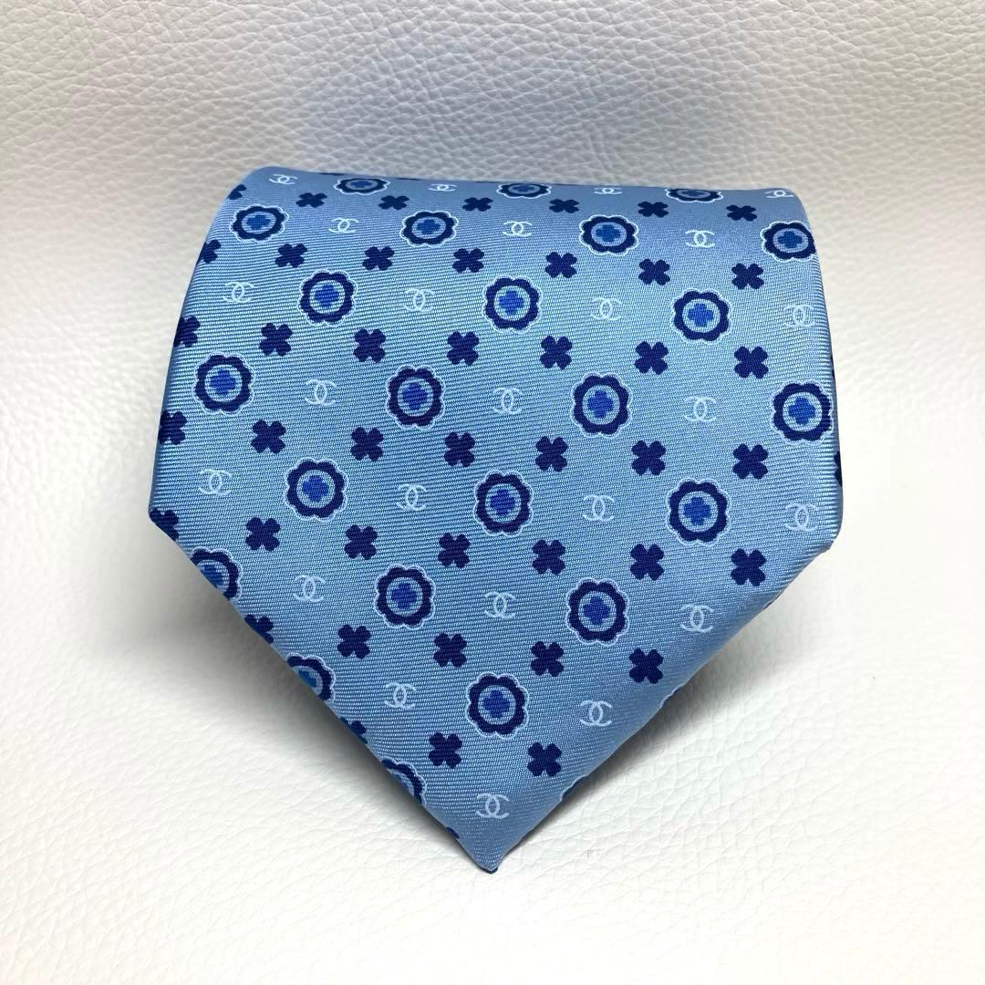 【極美品】CHANEL シャネル　ネクタイ　ライトブルー　ココマーク　サークル