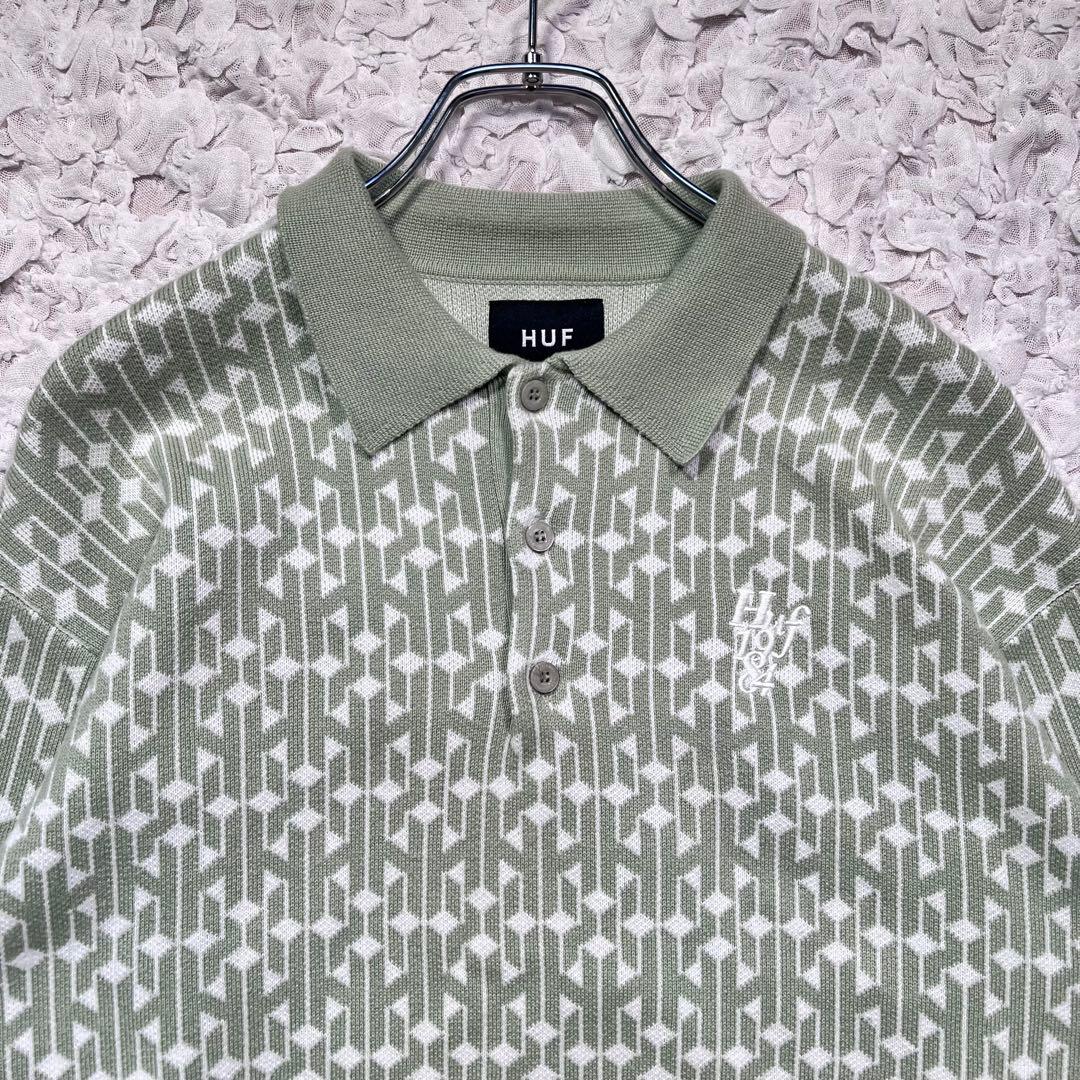『HUF』 ニット　ポロシャツ　総柄　ハーフボタン　刺繍ロゴ　ミント　XS