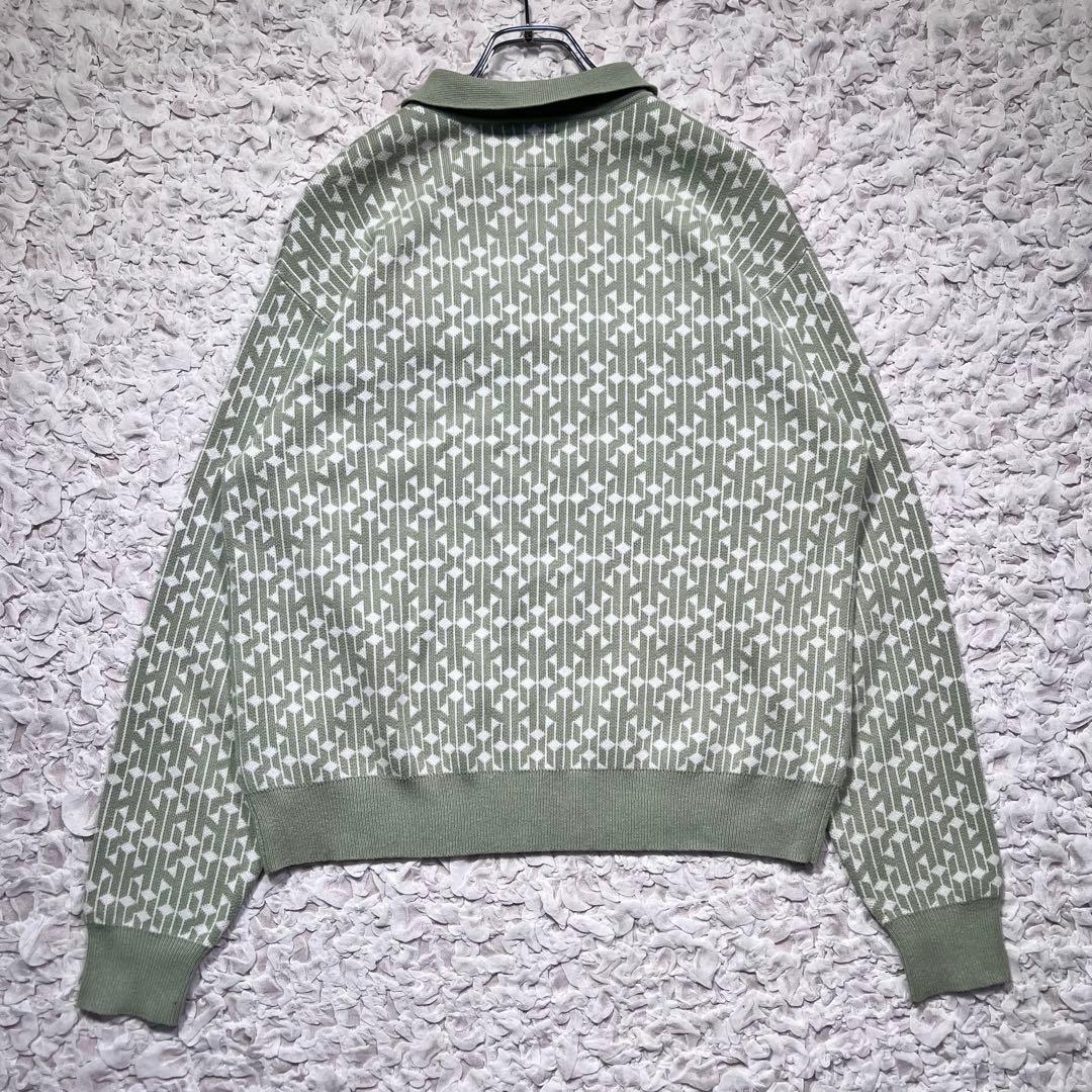 『HUF』 ニット　ポロシャツ　総柄　ハーフボタン　刺繍ロゴ　ミント　XS