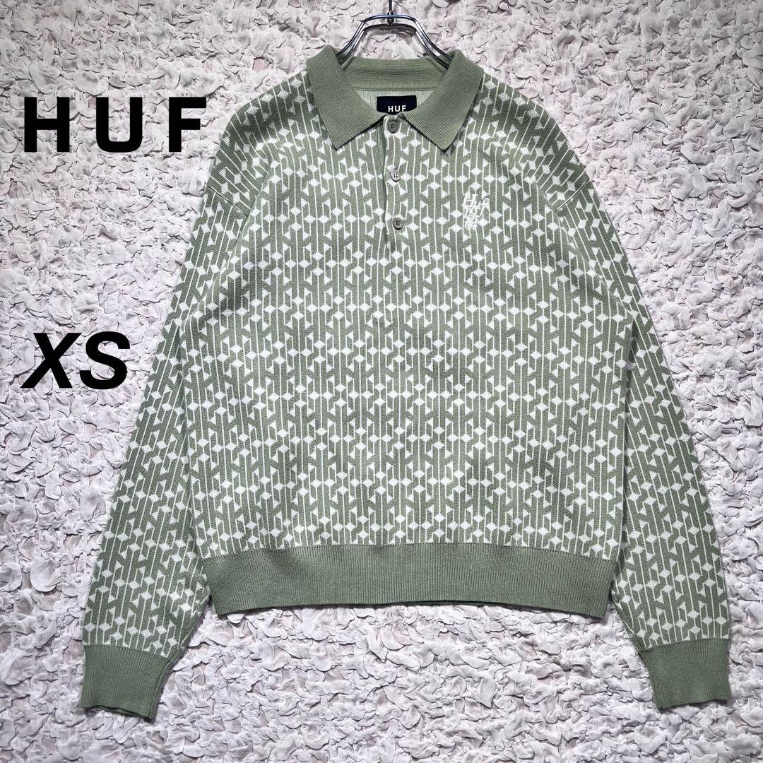 『HUF』 ニット　ポロシャツ　総柄　ハーフボタン　刺繍ロゴ　ミント　XS