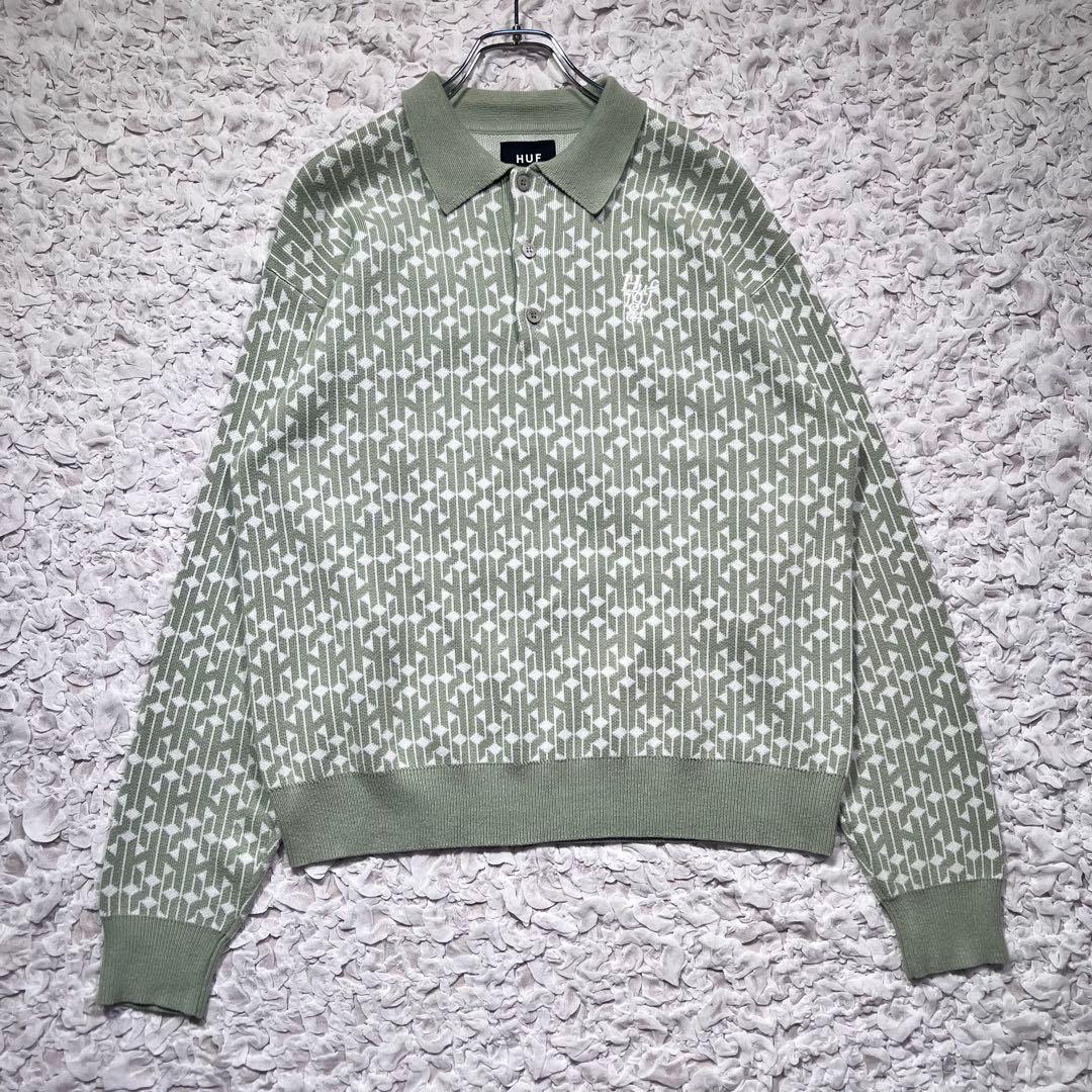 『HUF』 ニット　ポロシャツ　総柄　ハーフボタン　刺繍ロゴ　ミント　XS