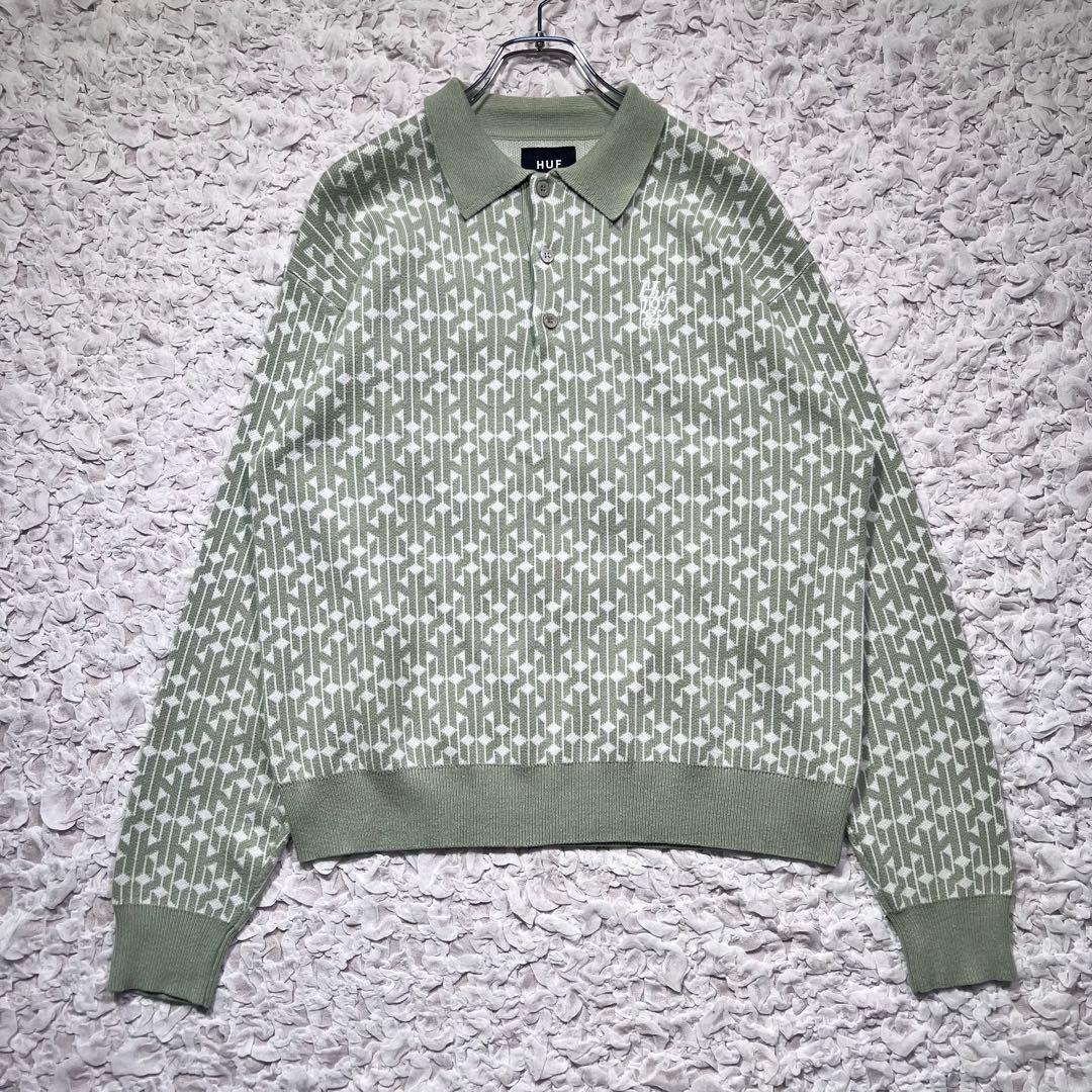 『HUF』 ニット　ポロシャツ　総柄　ハーフボタン　刺繍ロゴ　ミント　XS