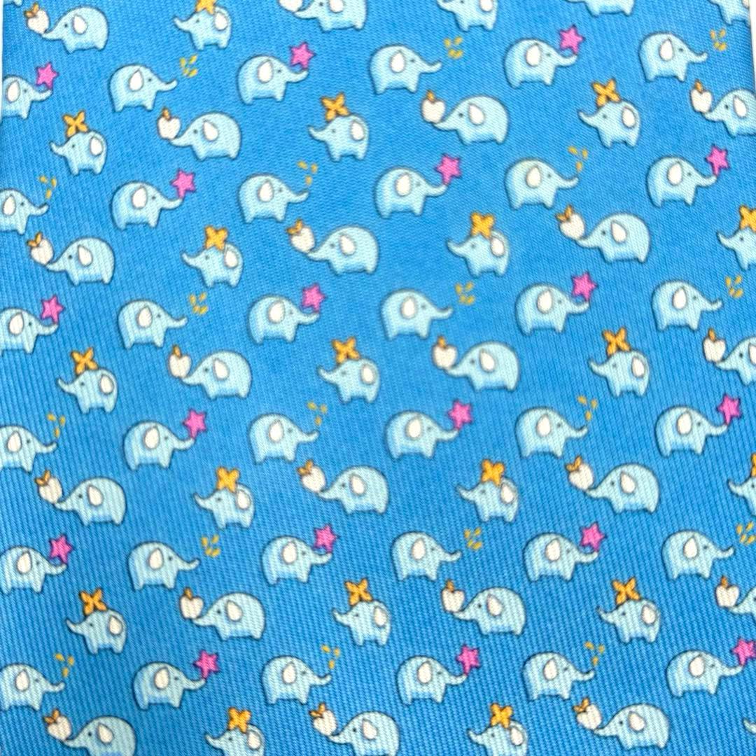 【未使用】フェラガモ シルクネクタイ 小象モチーフゾウ柄総柄 ライトブルー