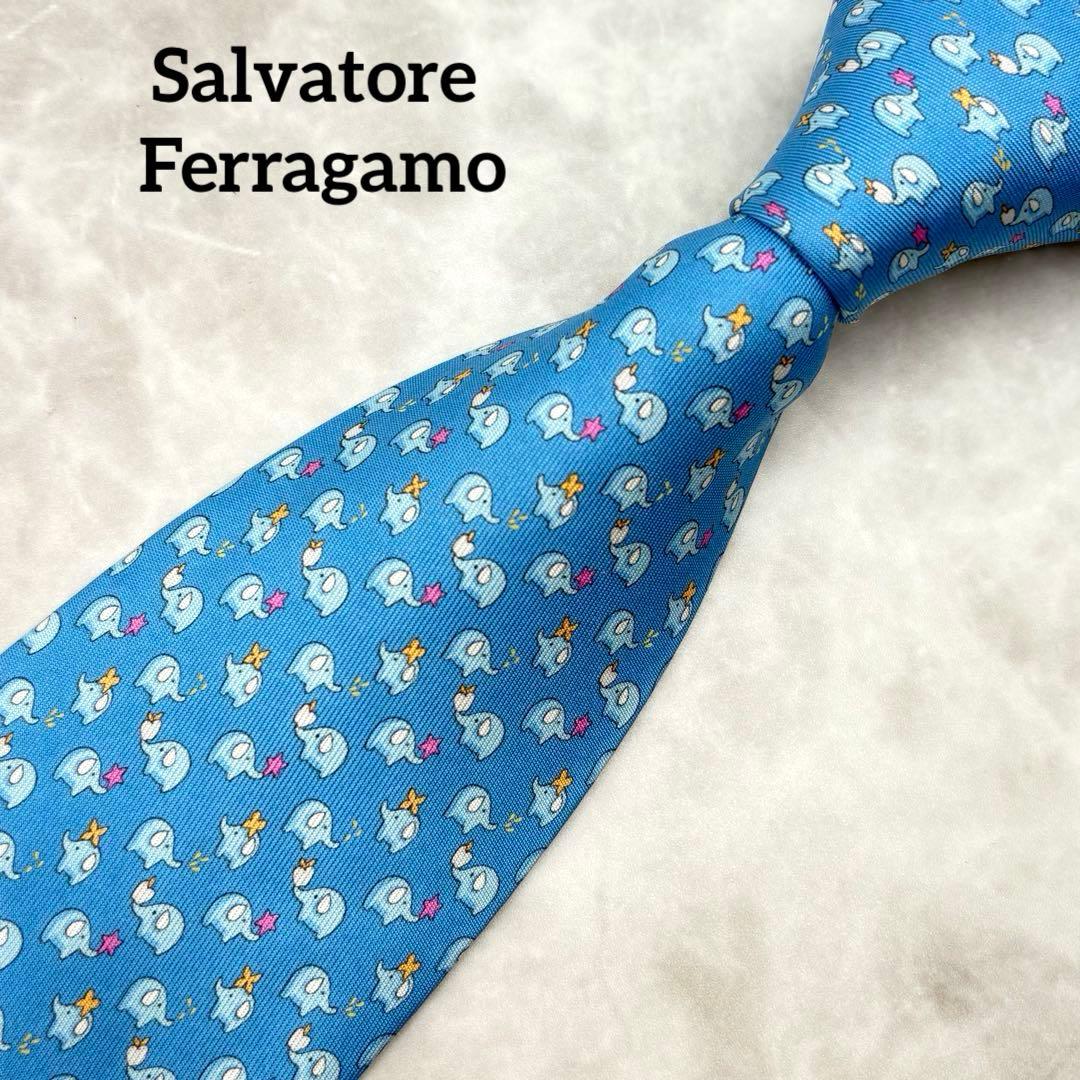 【未使用】フェラガモ シルクネクタイ 小象モチーフゾウ柄総柄 ライトブルー