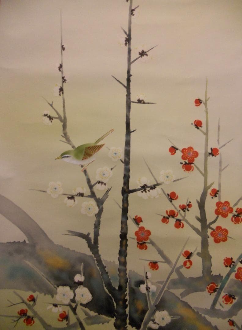 えーさん掛け軸 昇陽 作 『 梅鶯之図 』 絹本 共箱 希少 軸装掛軸美品