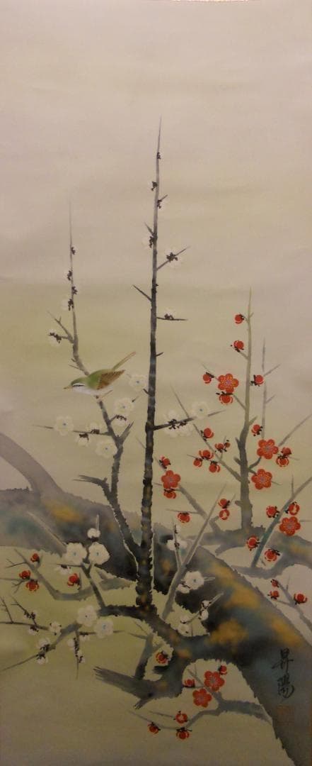 えーさん掛け軸 昇陽 作 『 梅鶯之図 』 絹本 共箱 希少 軸装掛軸美品