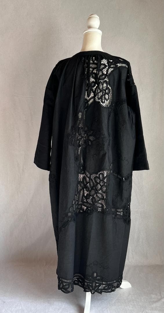 ヴィンテージテーブルクロス 黒 リメイクワンピース バテンレース 1点もの