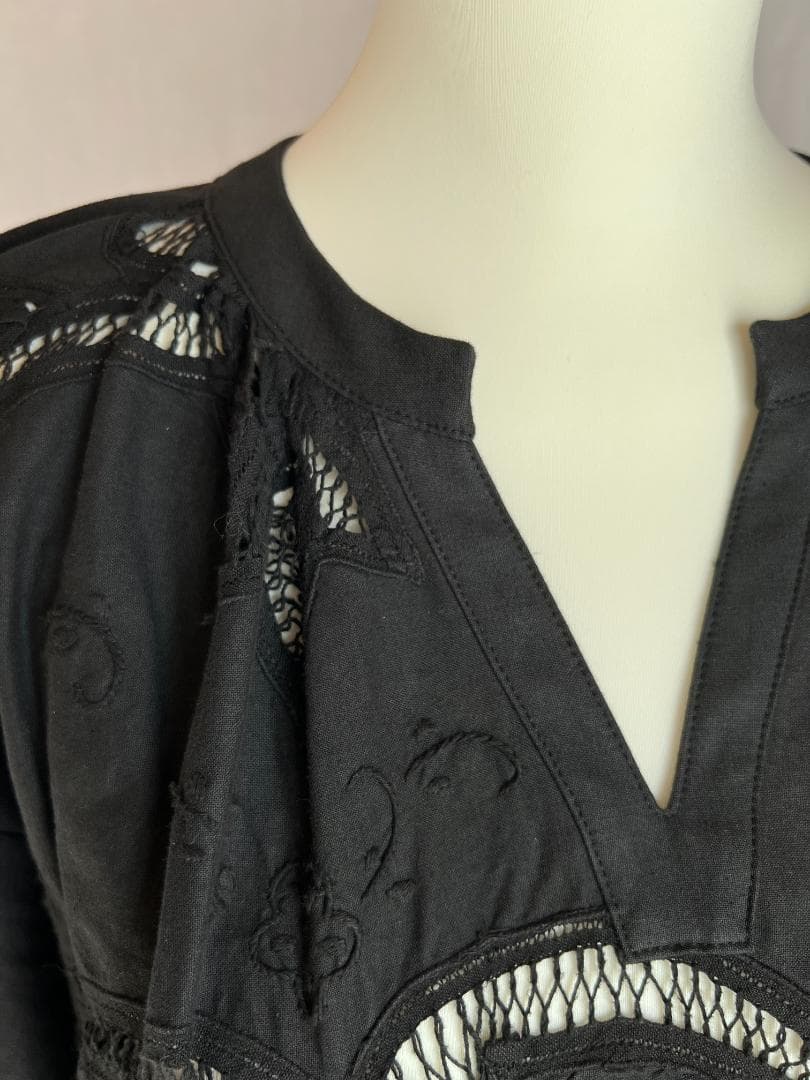 ヴィンテージテーブルクロス 黒 リメイクワンピース バテンレース 1点もの