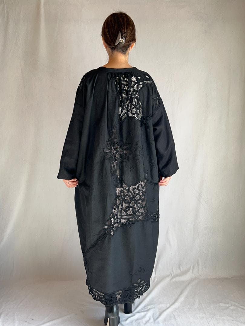 ヴィンテージテーブルクロス 黒 リメイクワンピース バテンレース 1点もの