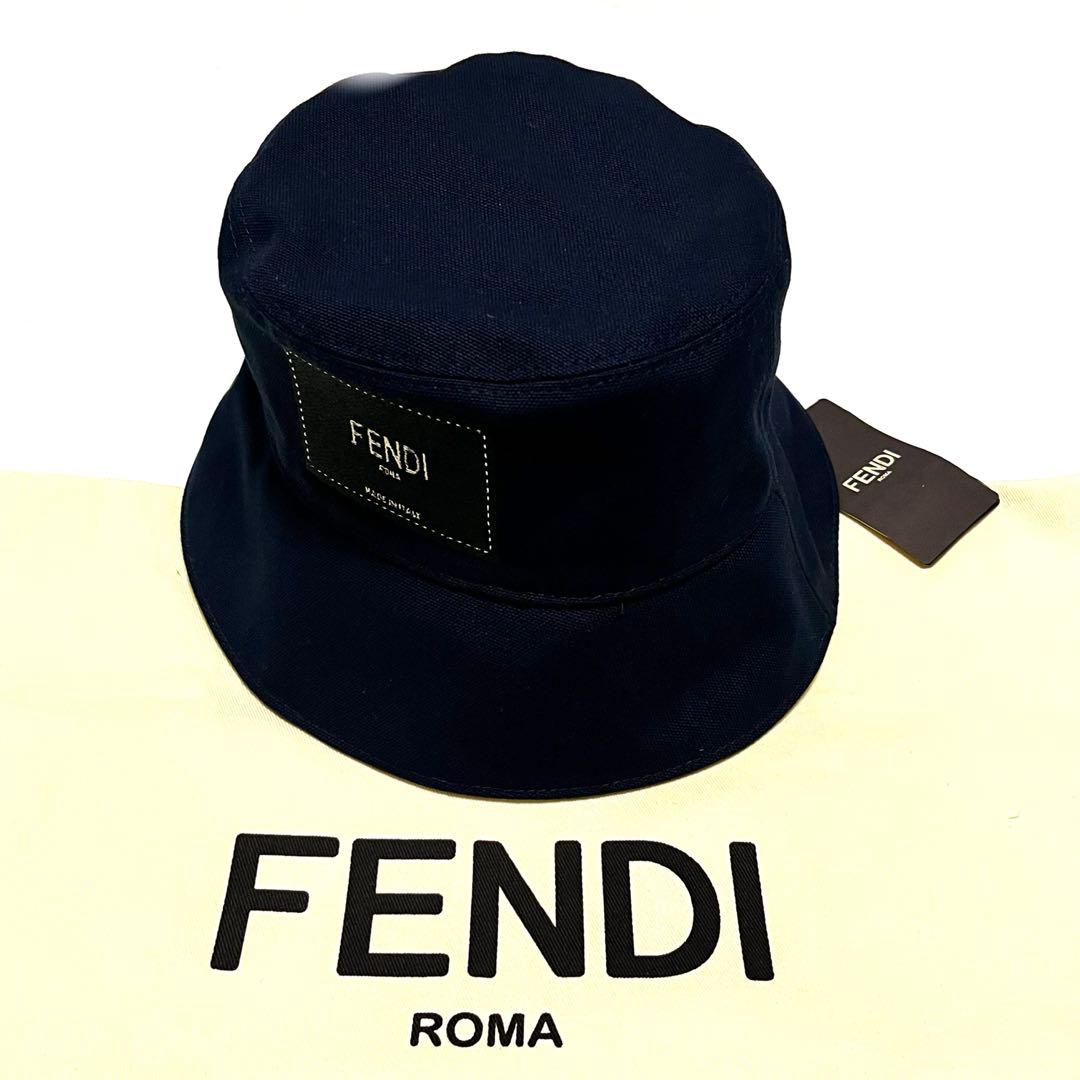 FENDI バケットハット ネイビー ロゴ刺繍パッチ 帽子 美品 未使用 タグ付
