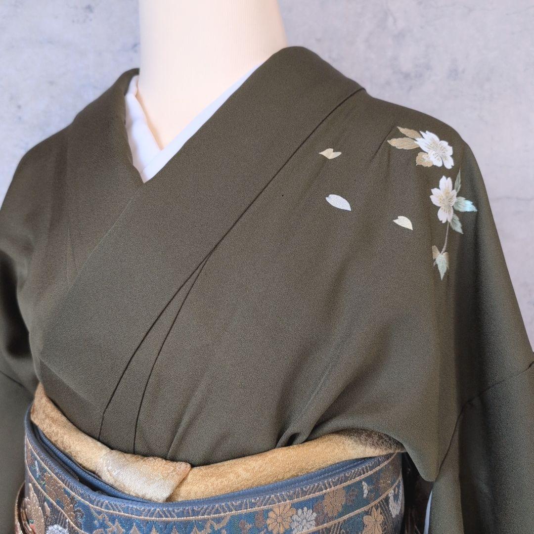 訪問着　フルセット　着物　正絹　カーキ　緑　孔雀の羽　藤の花　祝い事　豪華　A2