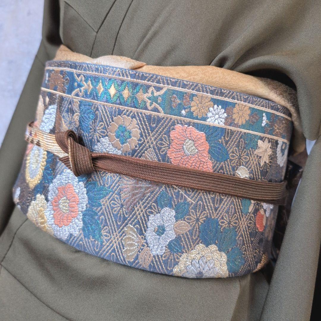 訪問着　フルセット　着物　正絹　カーキ　緑　孔雀の羽　藤の花　祝い事　豪華　A2