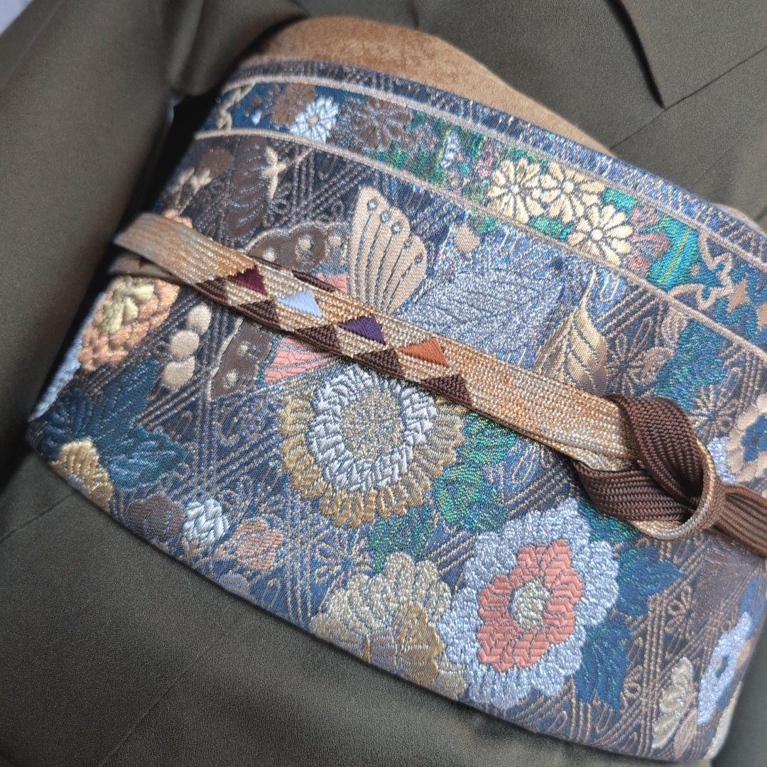 訪問着　フルセット　着物　正絹　カーキ　緑　孔雀の羽　藤の花　祝い事　豪華　A2