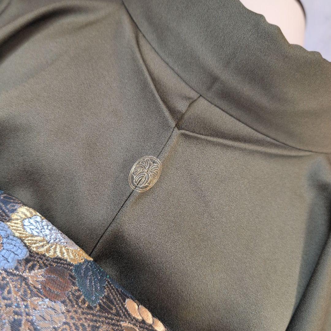 訪問着　フルセット　着物　正絹　カーキ　緑　孔雀の羽　藤の花　祝い事　豪華　A2