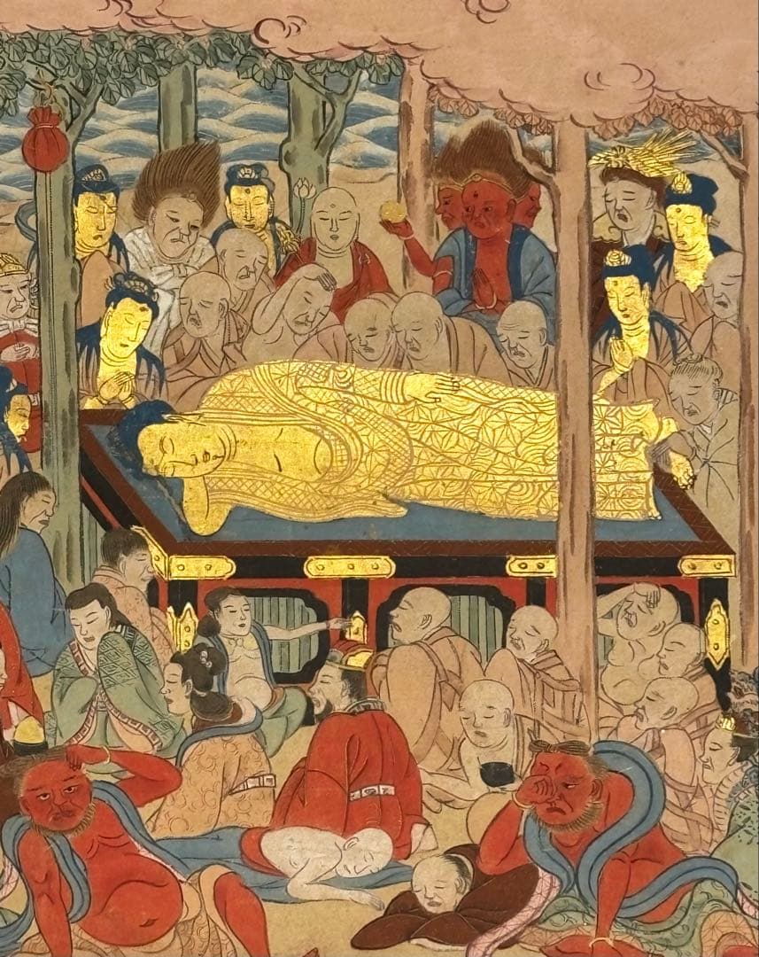 「極彩色 釈迦涅槃図」江戸時代中期頃筆 1幅|仏教美術 仏像 和本 古典籍 仏陀