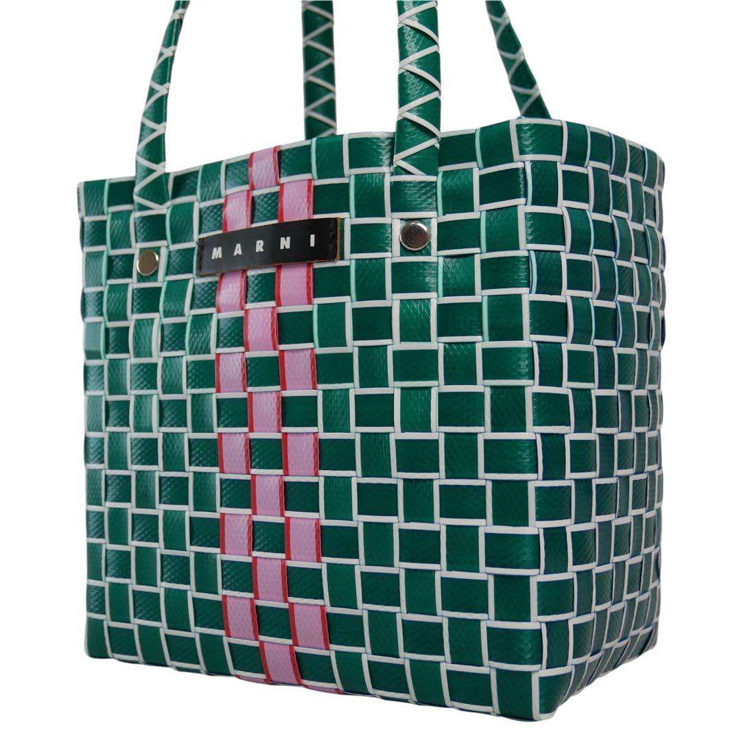 未使用級 マルニ マーケット フラワーカフェ マイクロ かごバッグ グリーン