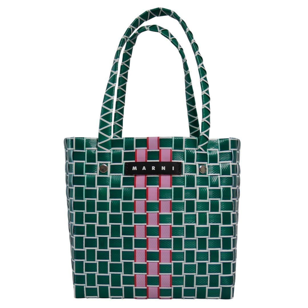 未使用級 マルニ マーケット フラワーカフェ マイクロ かごバッグ グリーン