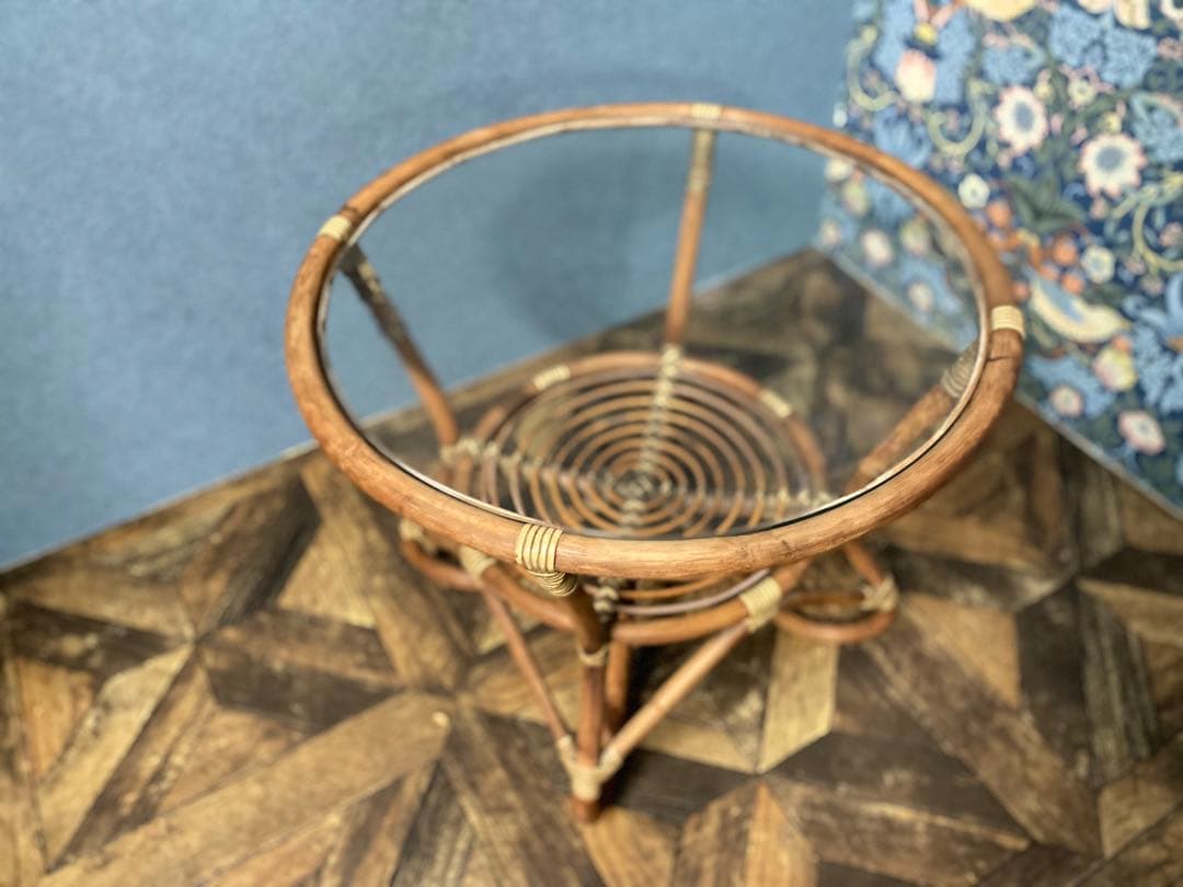 ラタン ガラステーブル 昭和レトロ 当時物 籐 インテリア アンティーク 丸