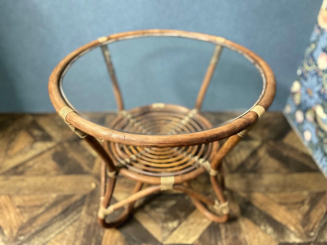 ラタン ガラステーブル 昭和レトロ 当時物 籐 インテリア アンティーク 丸