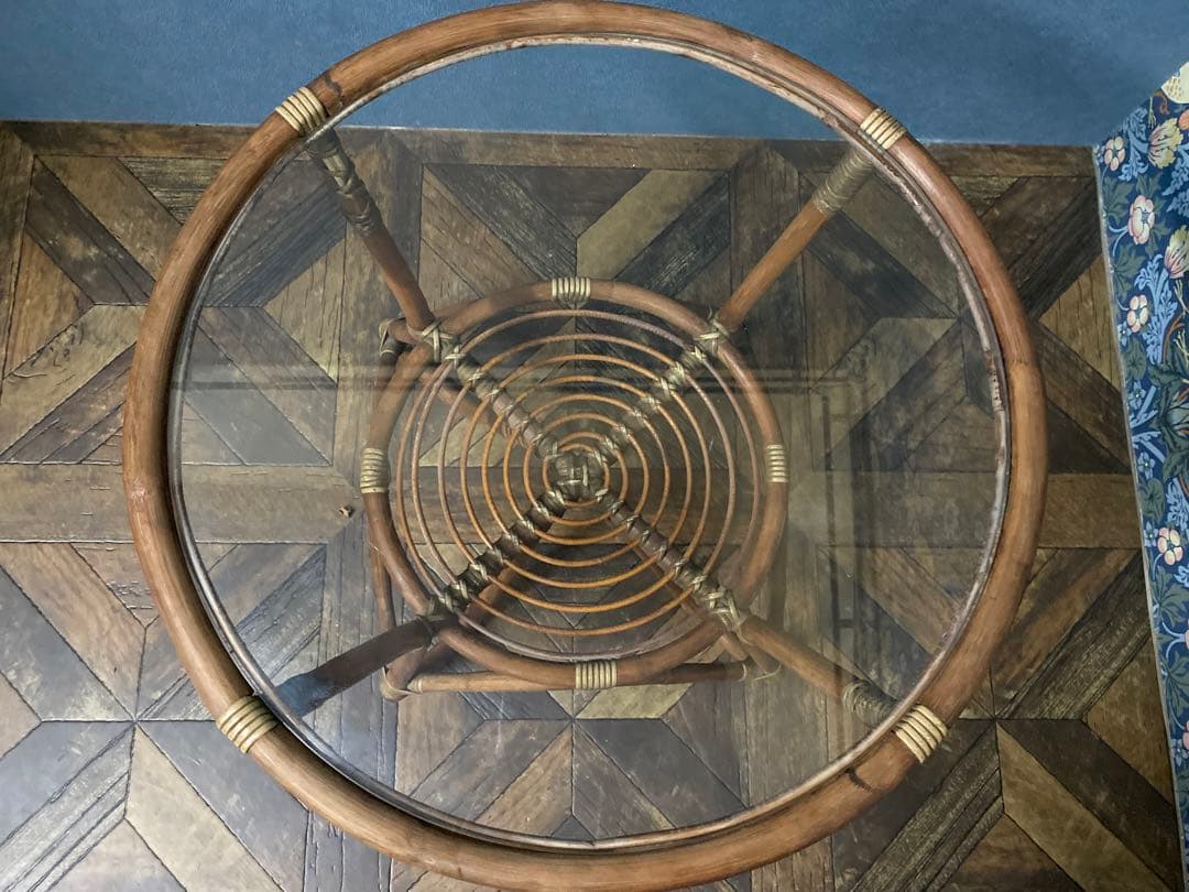 ラタン ガラステーブル 昭和レトロ 当時物 籐 インテリア アンティーク 丸