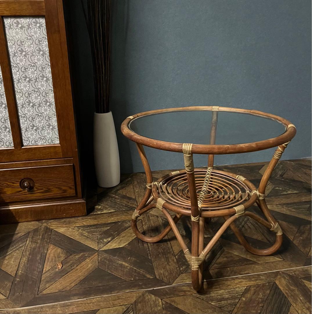 ラタン ガラステーブル 昭和レトロ 当時物 籐 インテリア アンティーク 丸