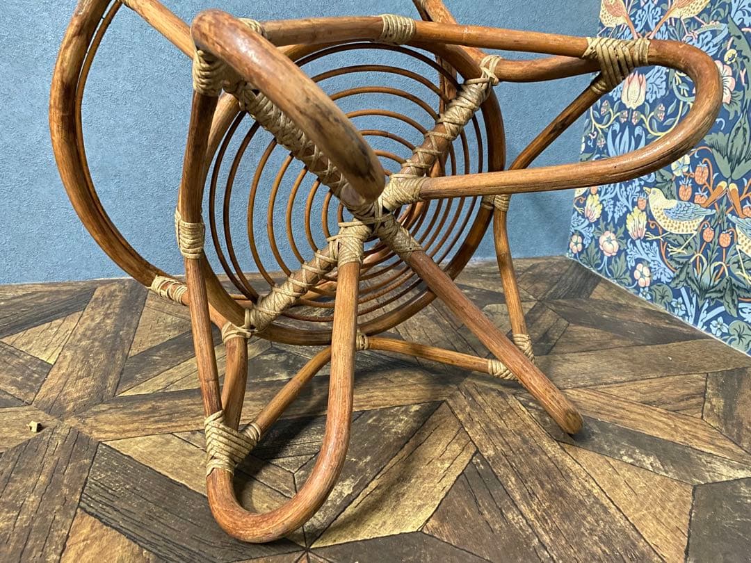 ラタン ガラステーブル 昭和レトロ 当時物 籐 インテリア アンティーク 丸