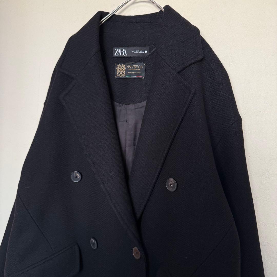 ZARA ザラ マンテコ ダブル チェスターコート ロング黒 M 通勤 高見え