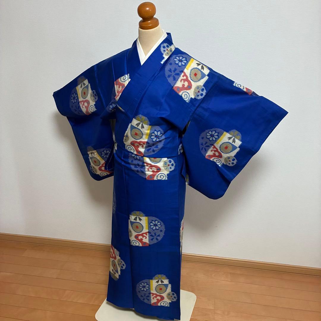 【極美品】【銘仙】【単衣】身丈157 ロイヤルブルー 幾何学丸紋 トールサイズ