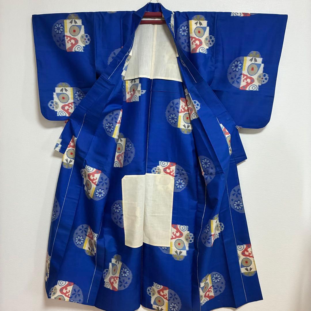 【極美品】【銘仙】【単衣】身丈157 ロイヤルブルー 幾何学丸紋 トールサイズ
