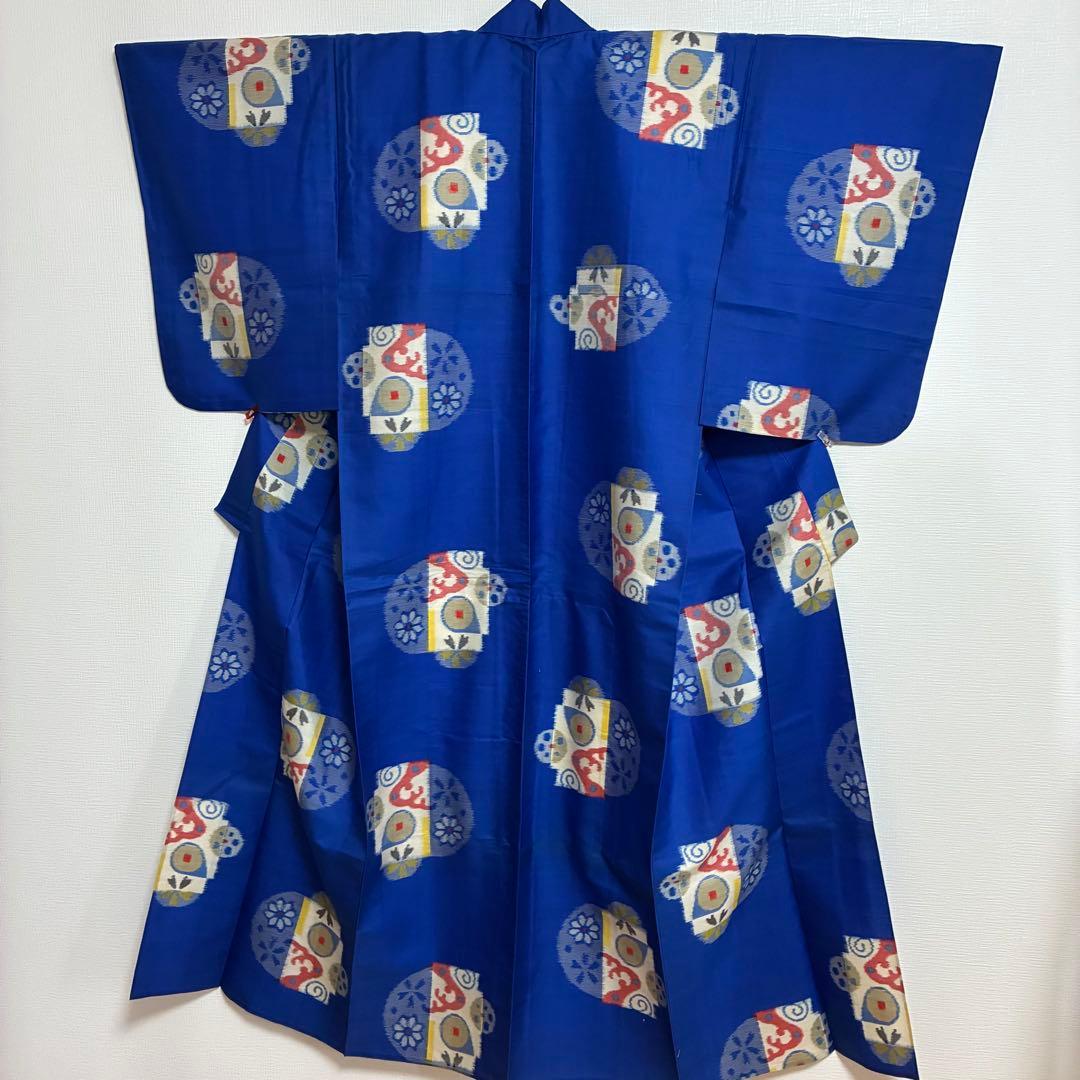 【極美品】【銘仙】【単衣】身丈157 ロイヤルブルー 幾何学丸紋 トールサイズ