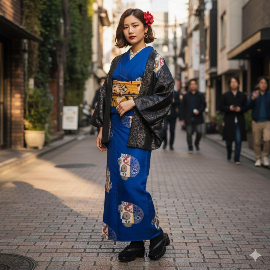 【極美品】【銘仙】【単衣】身丈157 ロイヤルブルー 幾何学丸紋 トールサイズ