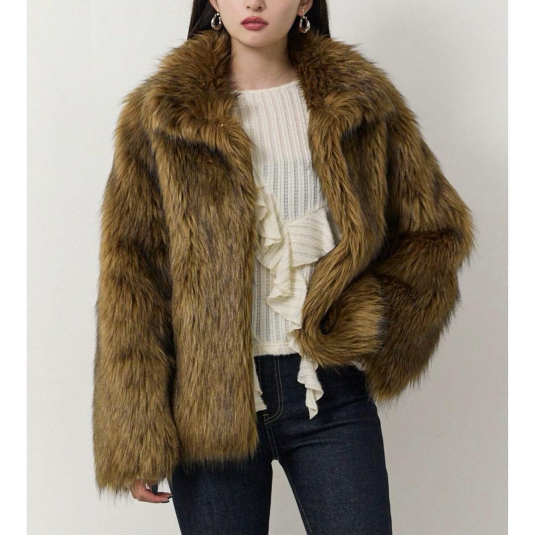 MURUA フェイクファーラインジャガードコート ブラウン