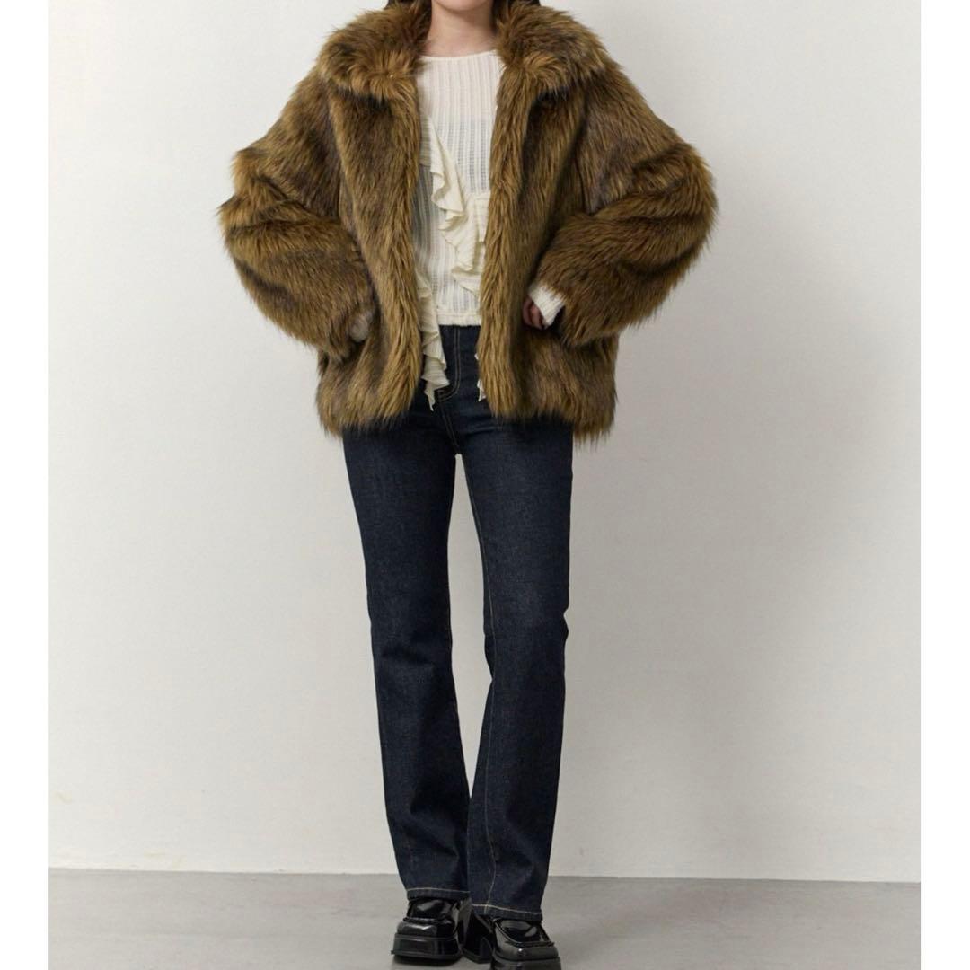 MURUA フェイクファーラインジャガードコート ブラウン