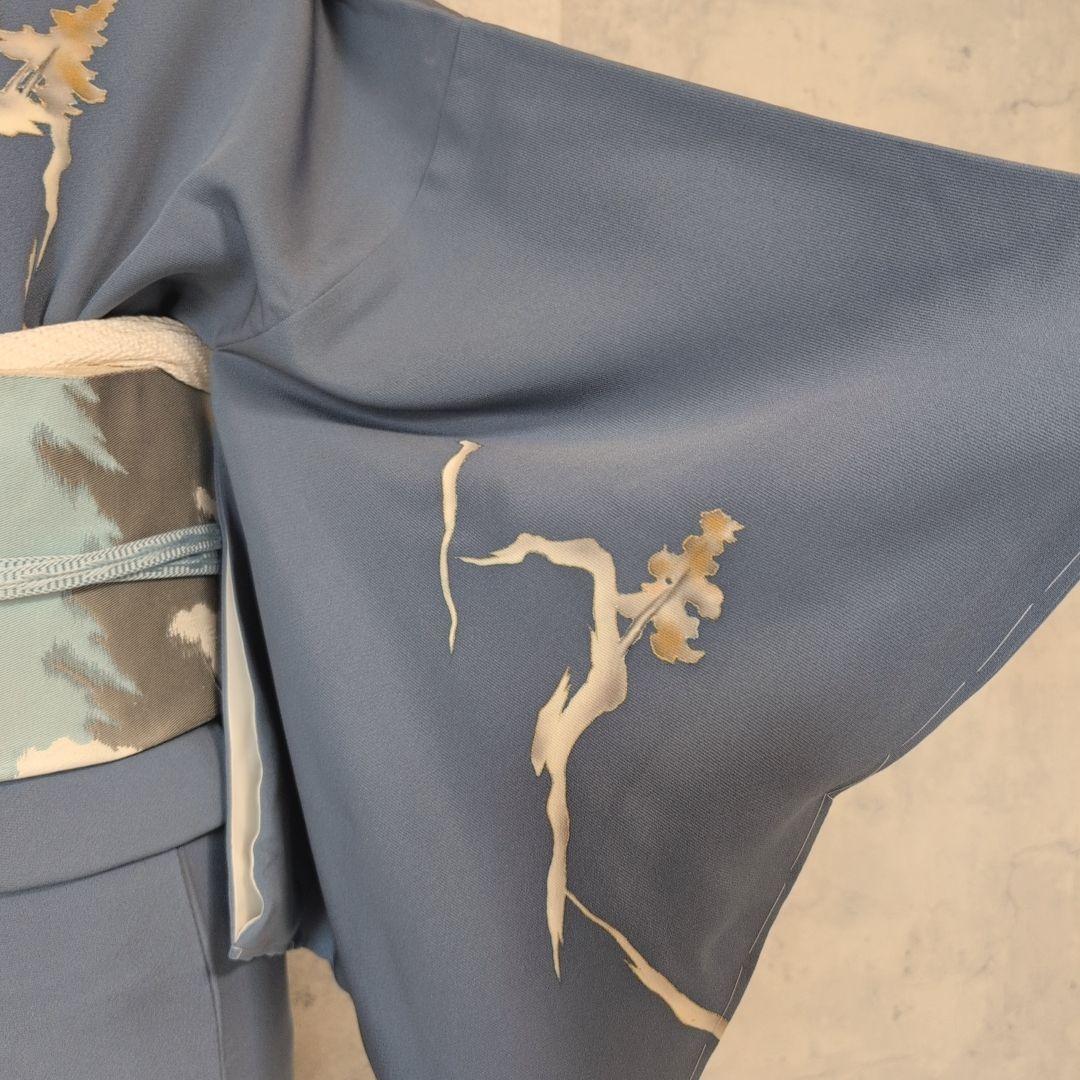 訪問着　フルセット　着物　正絹　落款　山　Sサイズ　青　金彩　しつけ糸　F9