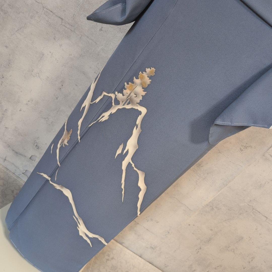 訪問着　フルセット　着物　正絹　落款　山　Sサイズ　青　金彩　しつけ糸　F9