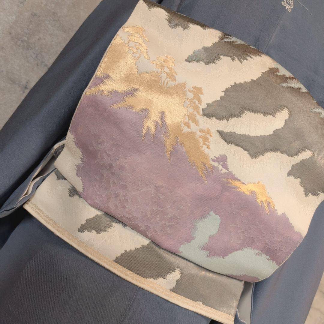 訪問着　フルセット　着物　正絹　落款　山　Sサイズ　青　金彩　しつけ糸　F9