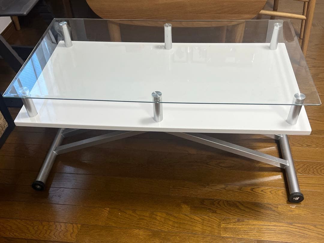 【再値下げ】dinos ガラス 二重天板昇降式リフティングテーブル ホワイト