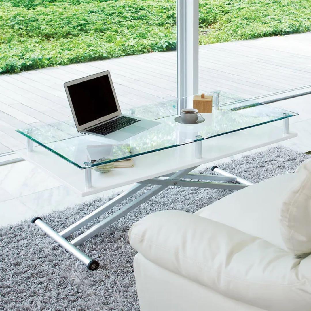 【再値下げ】dinos ガラス 二重天板昇降式リフティングテーブル ホワイト