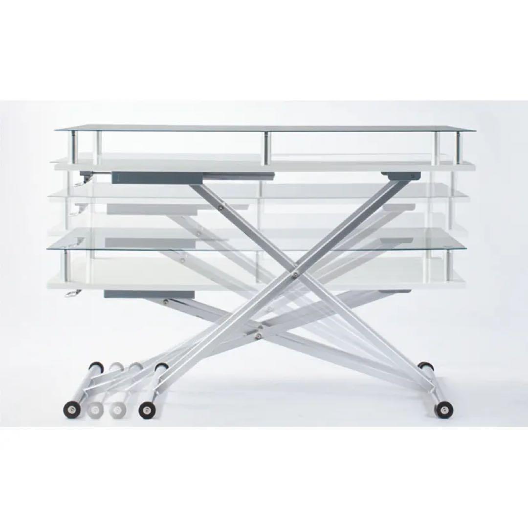 【再値下げ】dinos ガラス 二重天板昇降式リフティングテーブル ホワイト