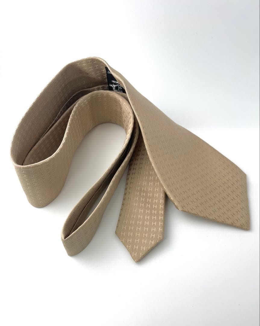 美品 エルメス ハイブランド ネクタイ ファソネ H柄 ベージュ 高級
