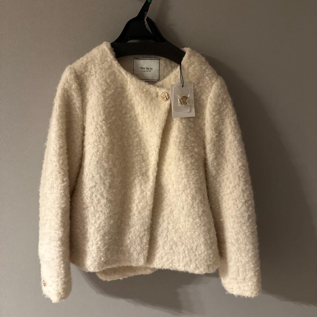 Herliptoホワイト ノーカラージャケット ファー風