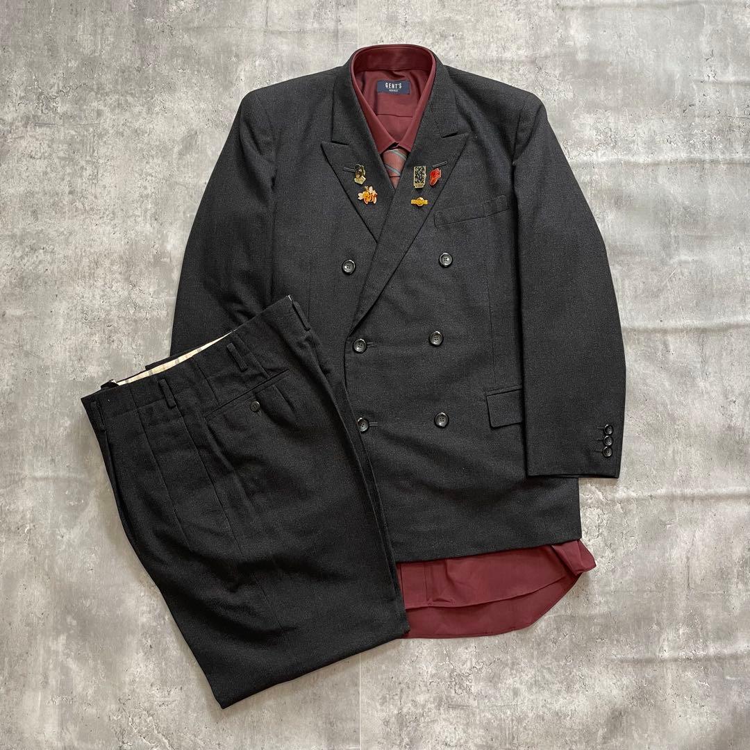 3点セット✨ ダブル スーツ セットアップ ダークグレー ピンズ 成人式 M