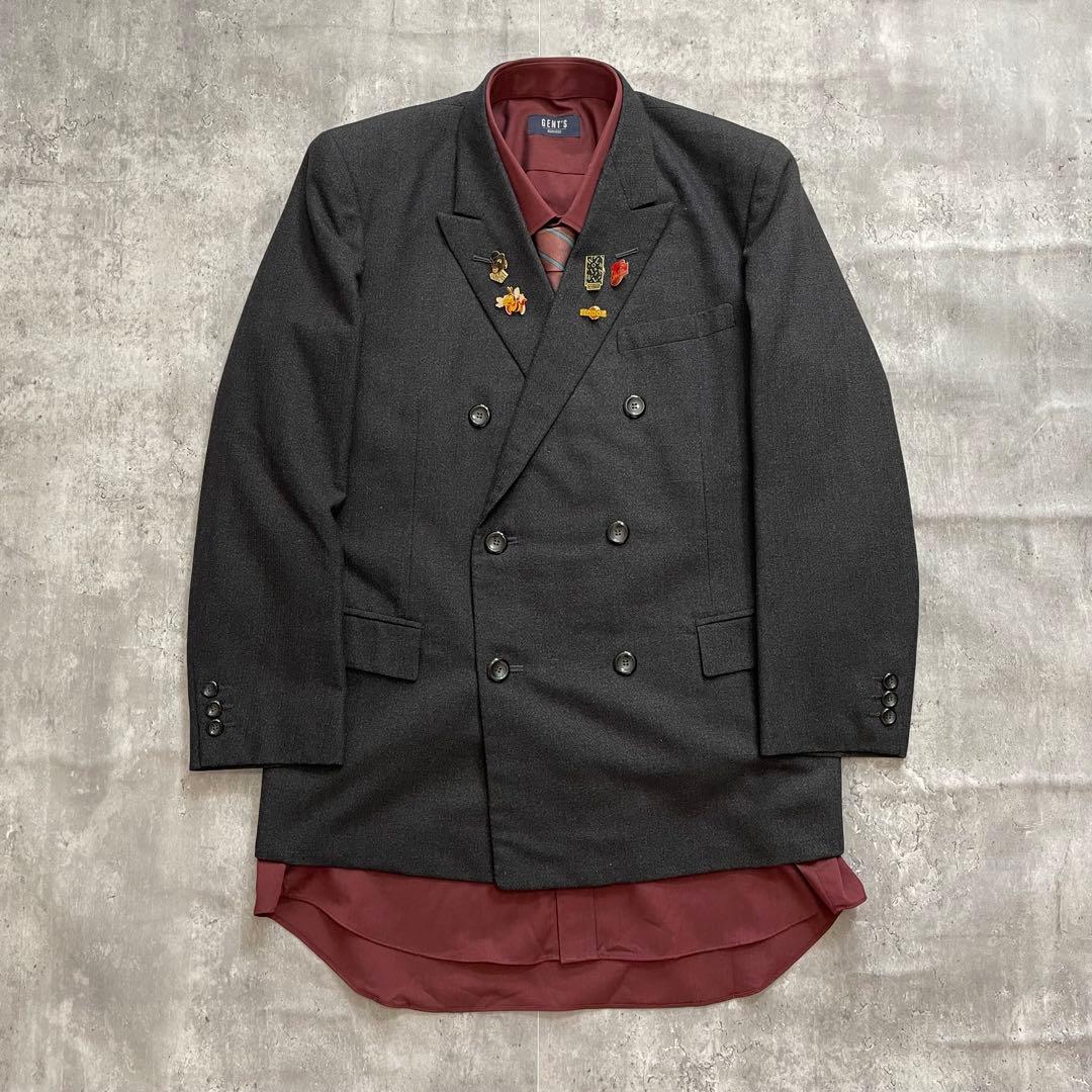 3点セット✨ ダブル スーツ セットアップ ダークグレー ピンズ 成人式 M