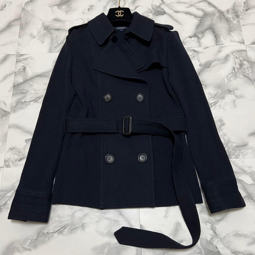 【美品】バーバリーロンドン　ニット切替ジャケット　カシミヤ混　Pコート　チェック